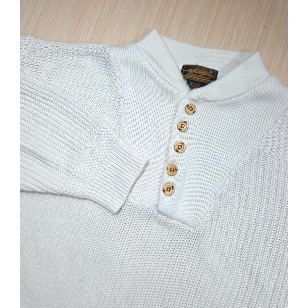Vintage Eddie Bauer Sweater Mens Large Cream Cotton Ribbed Henley Knit 1990s